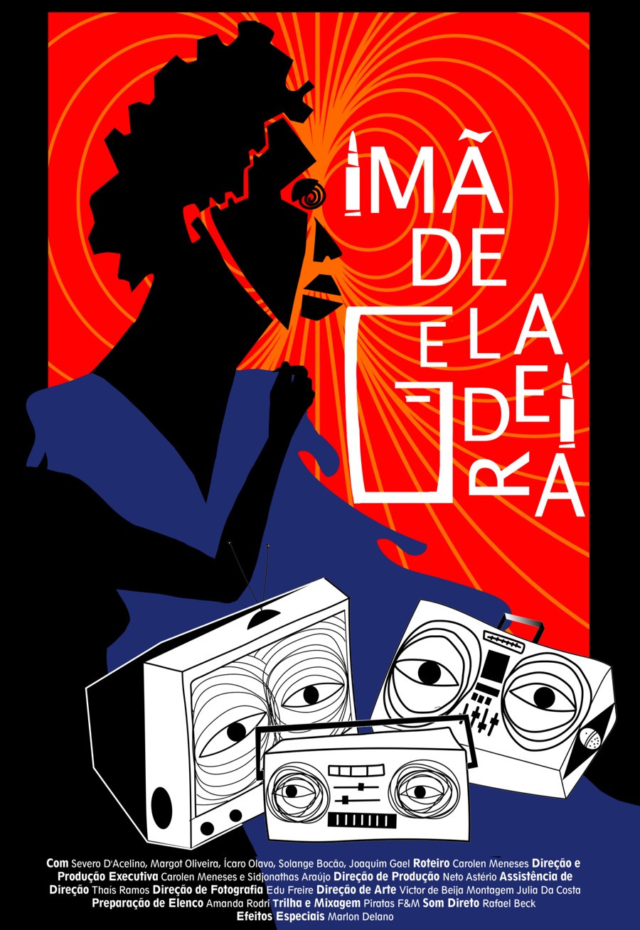 Cartaz ilustrado de Ímã de Geladeira, com figura em silhueta e eletrodomésticos sobre fundo vermelho