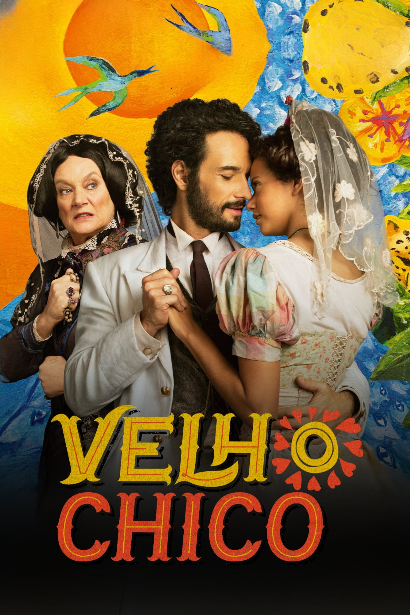 Capa de Velho Chico, com os protagonistas e o título sobre fundo amarelo